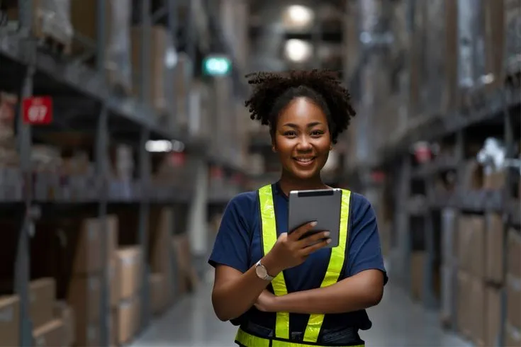A warehouse worker checking stock on a tablet